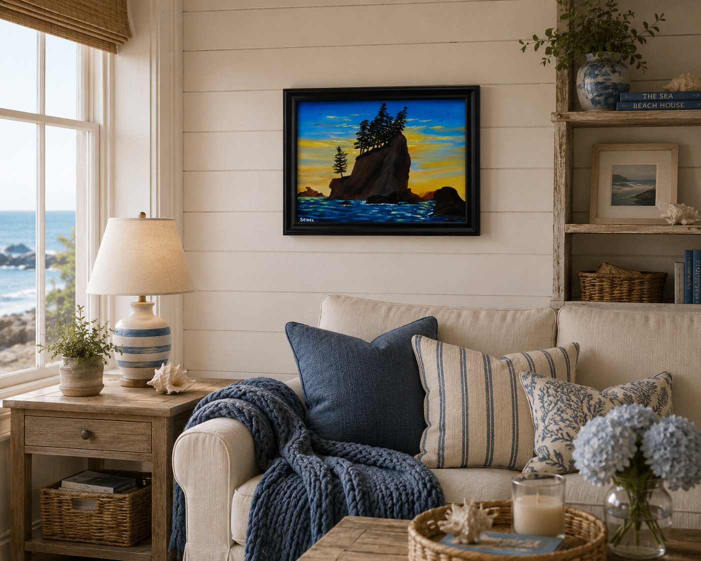 original oil painting, ocean, seastacks, evergreens and beautiful sunset, displayed in seaside cottage