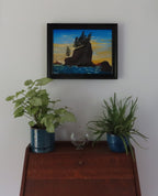 original oil painting, ocean, seastacks, evergreens and beautiful sunset, displayed over desk