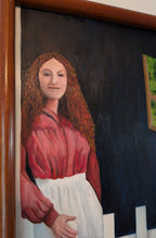 original oil painting of lady in doorway, handmade frame, close-up of lady