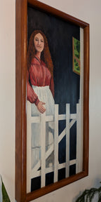original oil painting of lady in doorway, handmade frame, side view of handmade frame