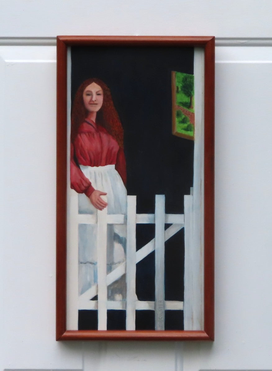 original oil painting of lady in doorway, handmade frame