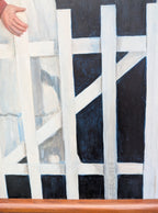 original oil painting of lady in doorway, handmade frame, showing signature