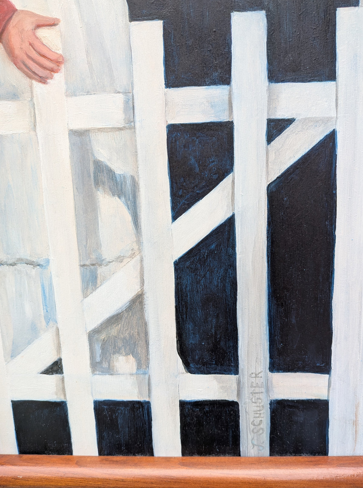 original oil painting of lady in doorway, handmade frame, showing signature