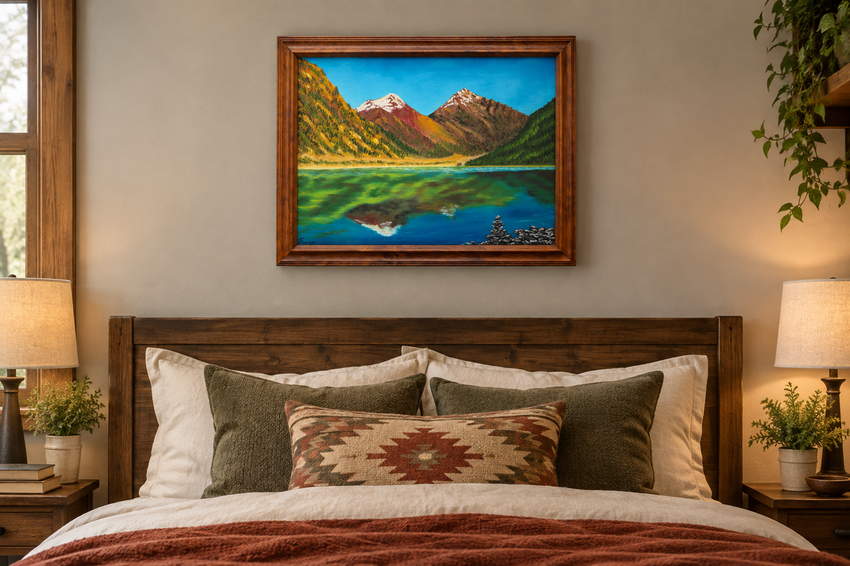 16x20 original oil painting showing mountains with reflections in the lake