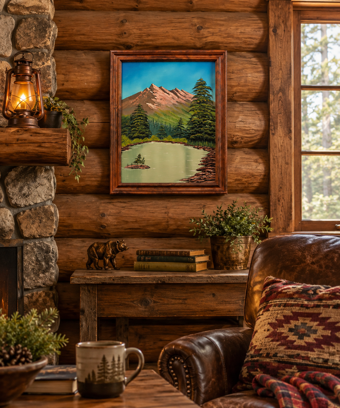 16 x 20 original oil painting, mountains, evergreens and lake with a small island in it. Light walnut frame, displayed in a cabin. 