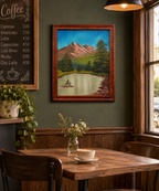 16 x 20 original oil painting, mountains, evergreens and lake with a small island in it. Light walnut frame, displayed in a cafe