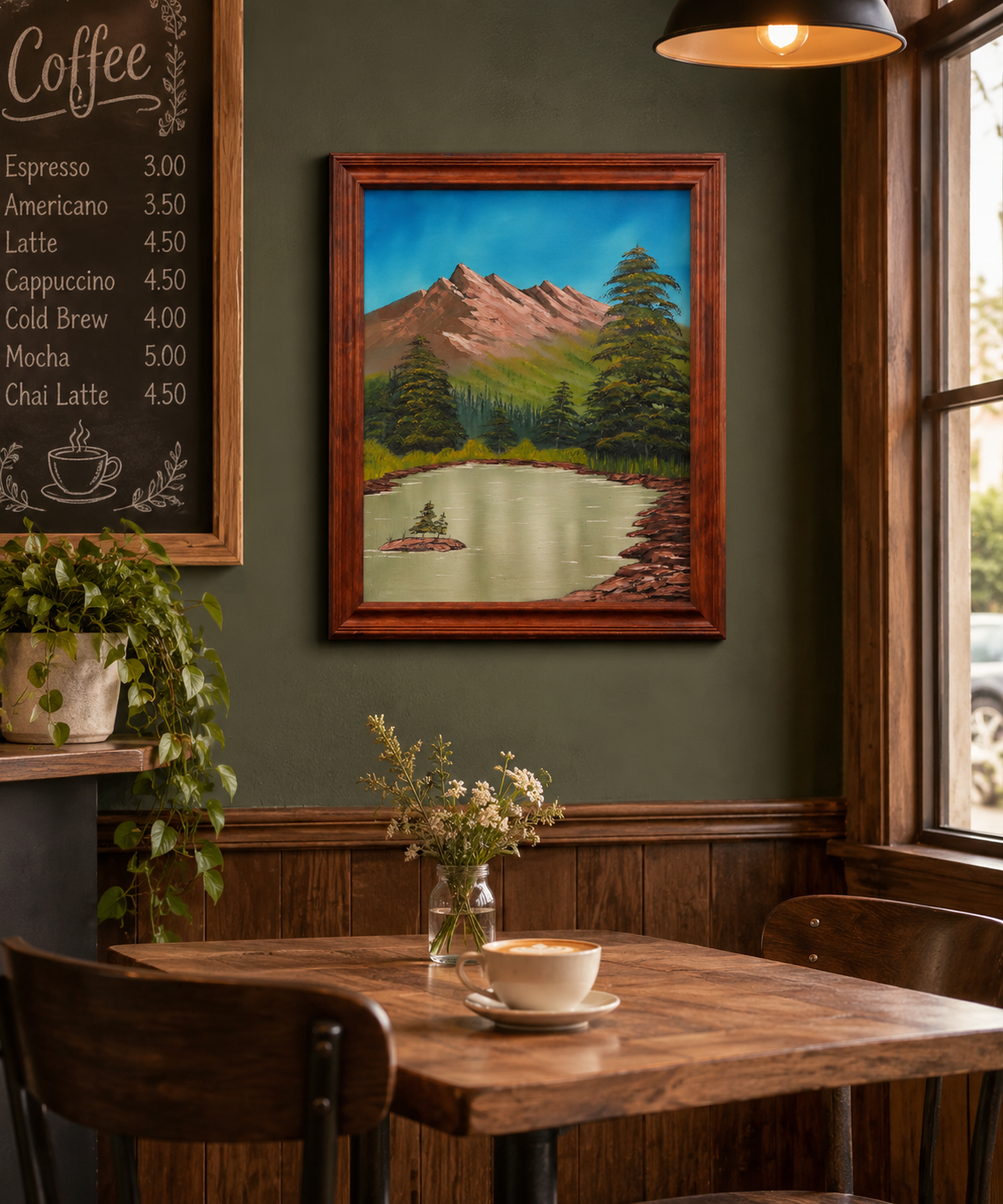 16 x 20 original oil painting, mountains, evergreens and lake with a small island in it. Light walnut frame, displayed in a cafe