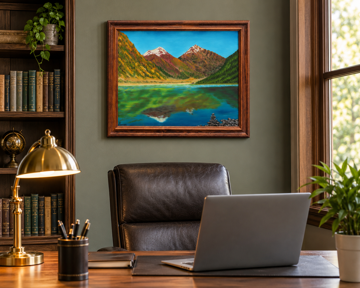 16x20 original oil painting showing mountains with reflections in the lake, displayed behind office desk