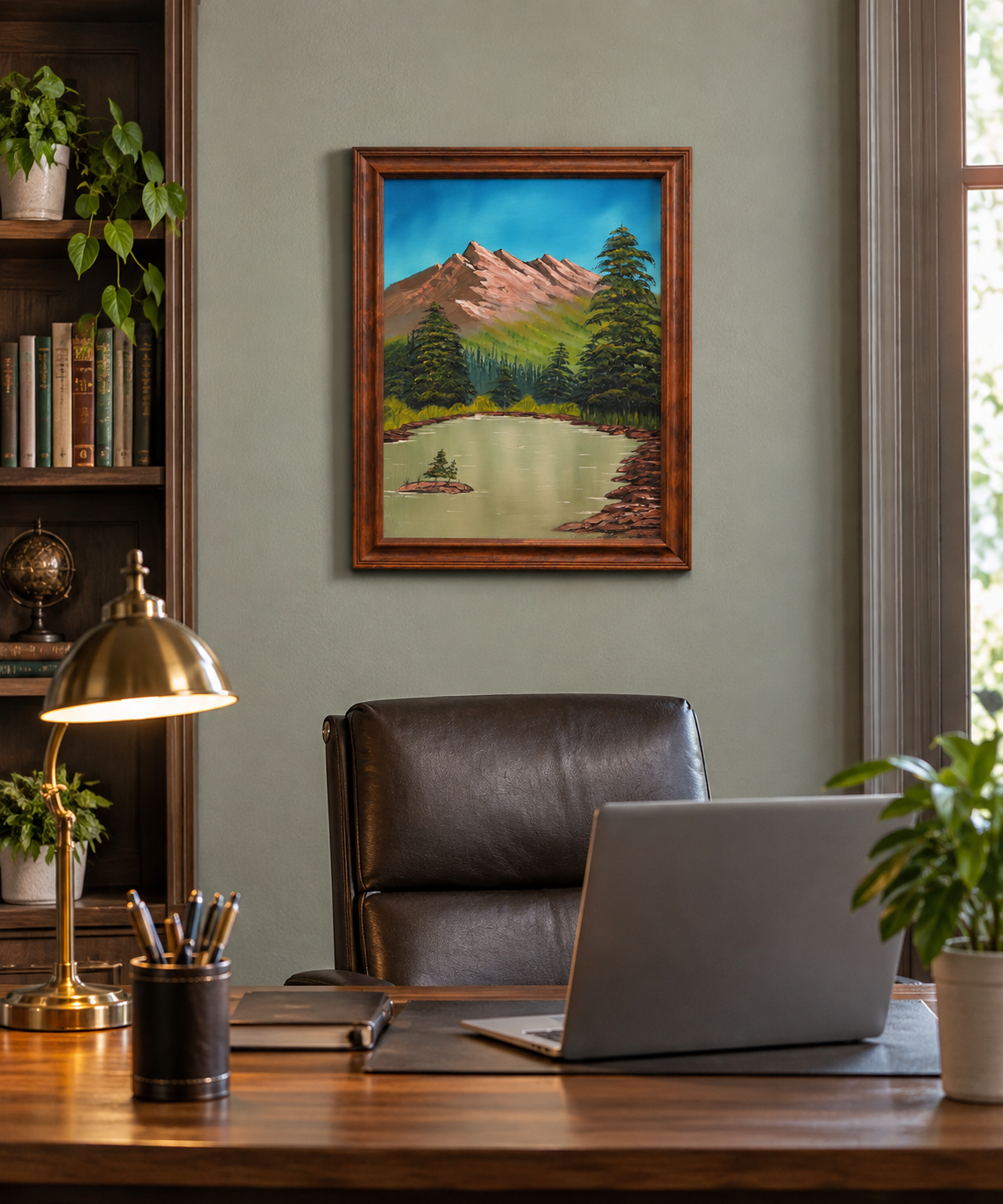 16 x 20 original oil painting, mountains, evergreens and lake with a small island in it. Light walnut frame, shown behind an office desk.