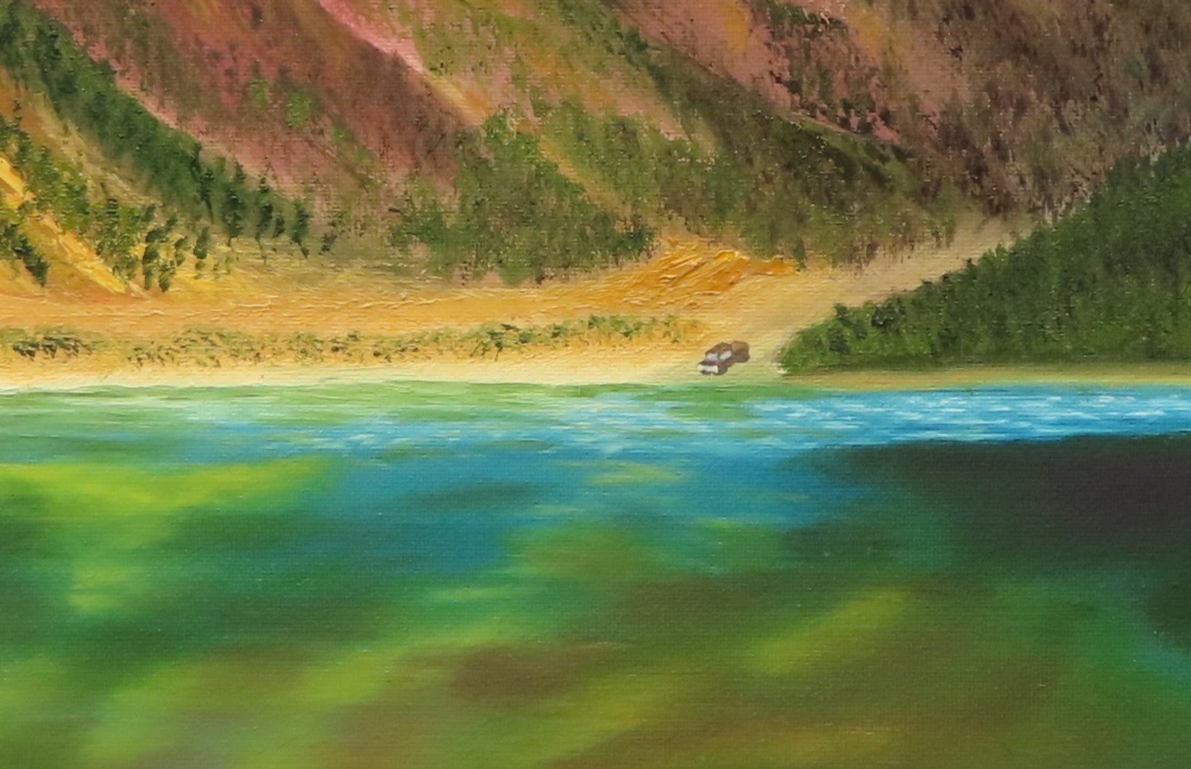 16 x 20 original oil painting, mountains, evergreens and lake with a small island in it. Light walnut frame. Close-up of truck on the other side of the lake.