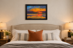 16x20 original oil painting, brilliant sunset, kayakers on water at last light, shown over a bed.