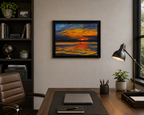 16x20 original oil painting, brilliant sunset, kayakers on water at last light, framed