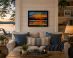 16x20 original oil painting, brilliant sunset, kayakers on water at last light, pictured over sofa