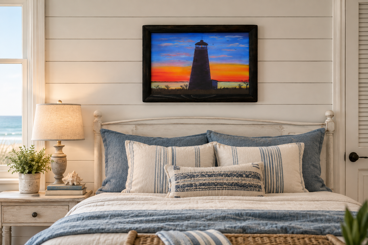 11x14" Original oil painting of a lovely sunset and lighthouse, shown over a bed