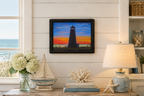 11x14" Original oil painting of a lovely sunset and lighthouse, shown in a seaside cottage