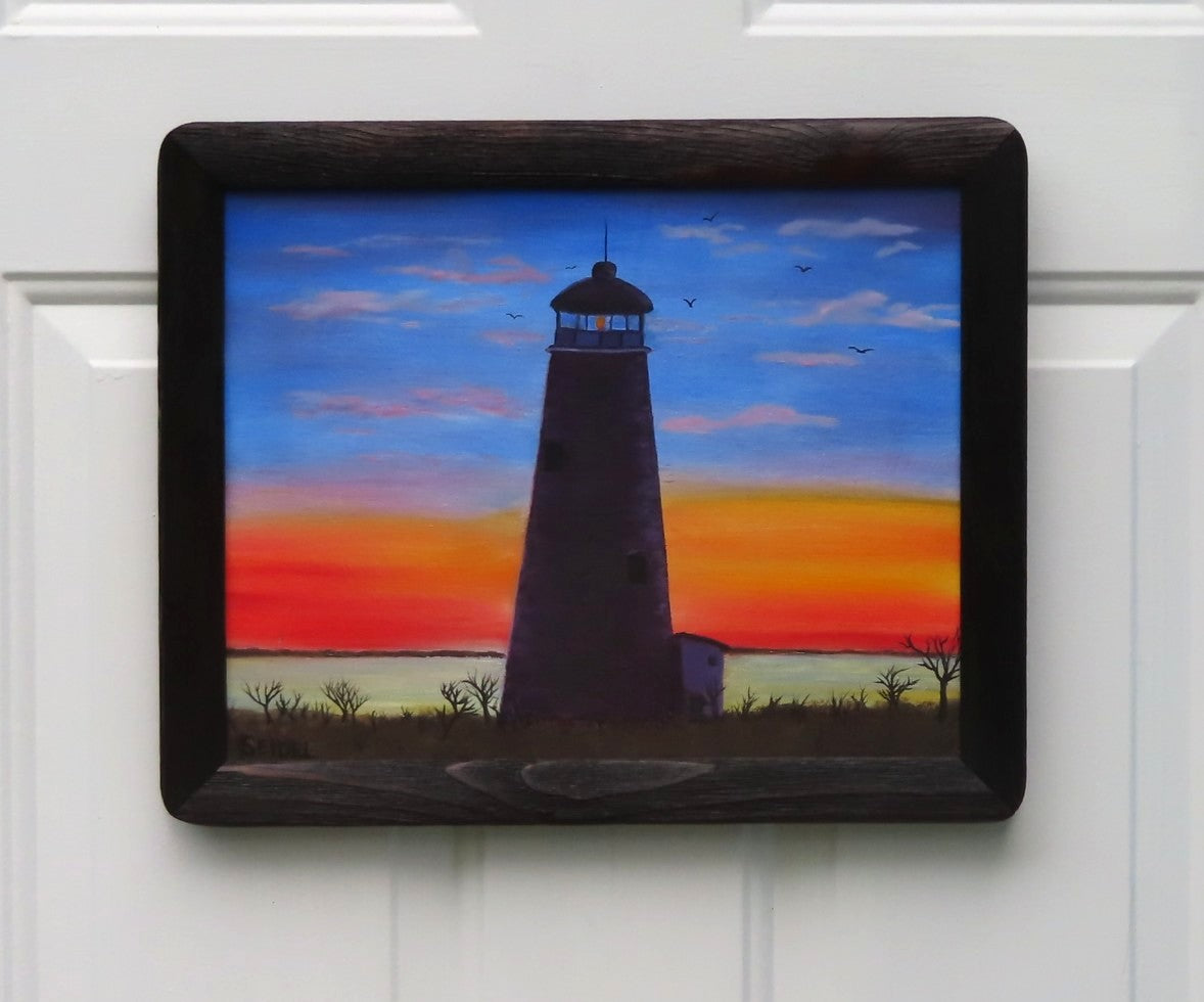 original 8x10" acrylic/mixed media painting,  ocean, sand beach, palm tree, framed in dark wood specialty frame