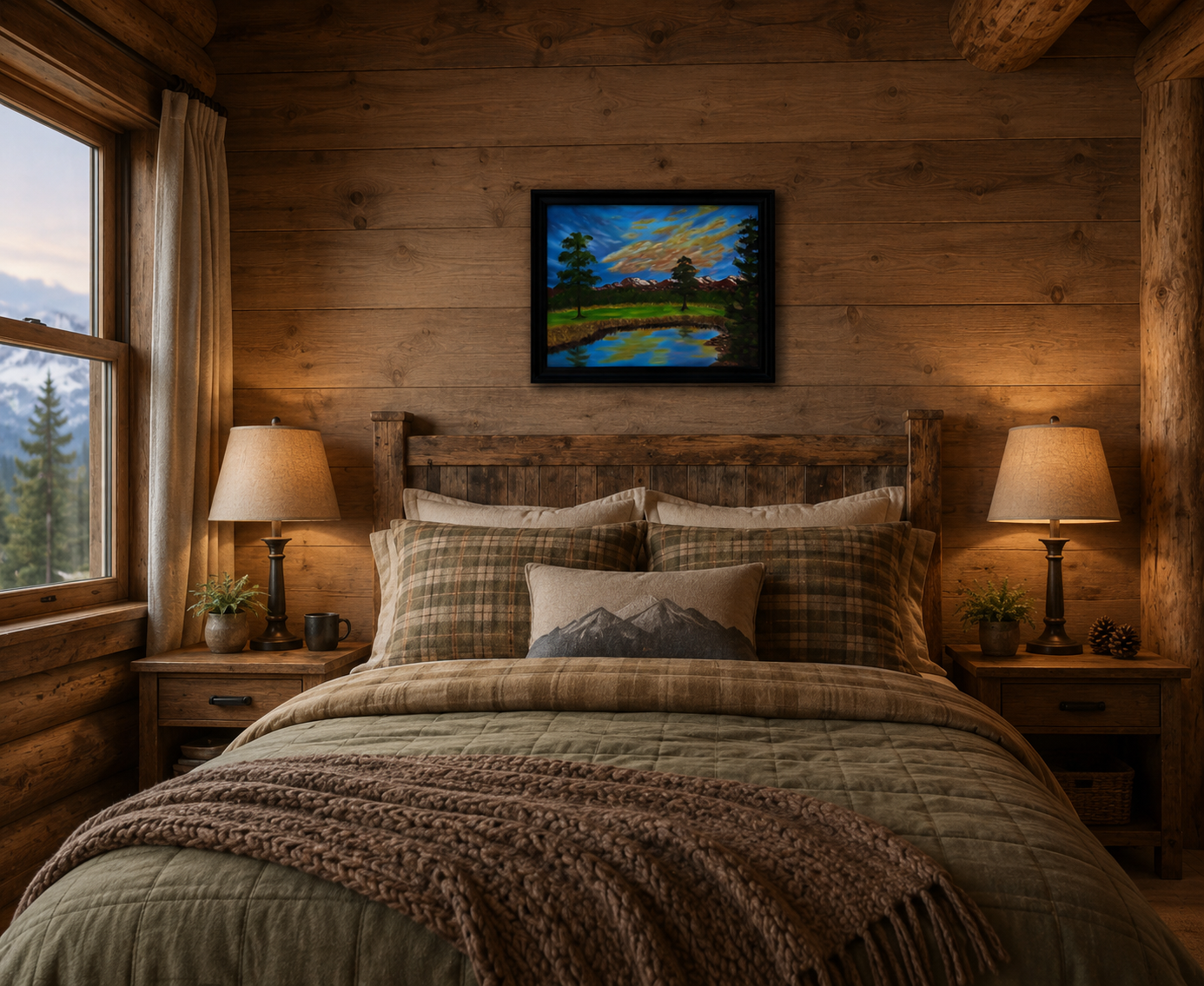 original oil painting of Logan Canyon, UT, beautiful sunset, mountains, pond, framed, displayed over bed