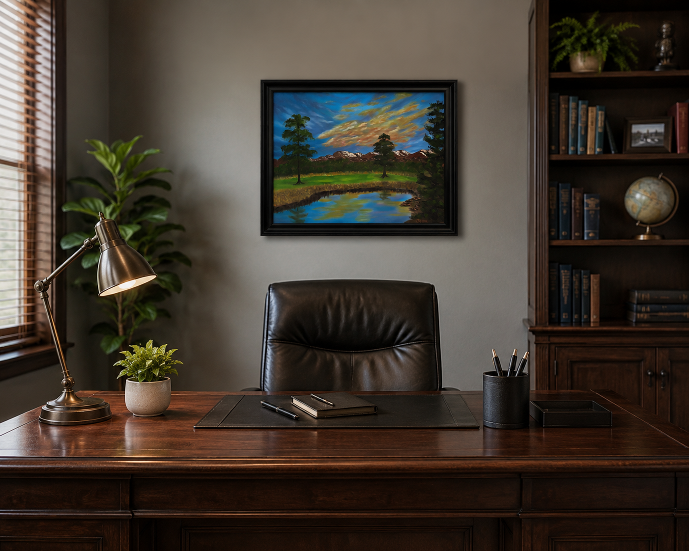original oil painting of Logan Canyon, UT, beautiful sunset, mountains, pond, framed,behind office desk