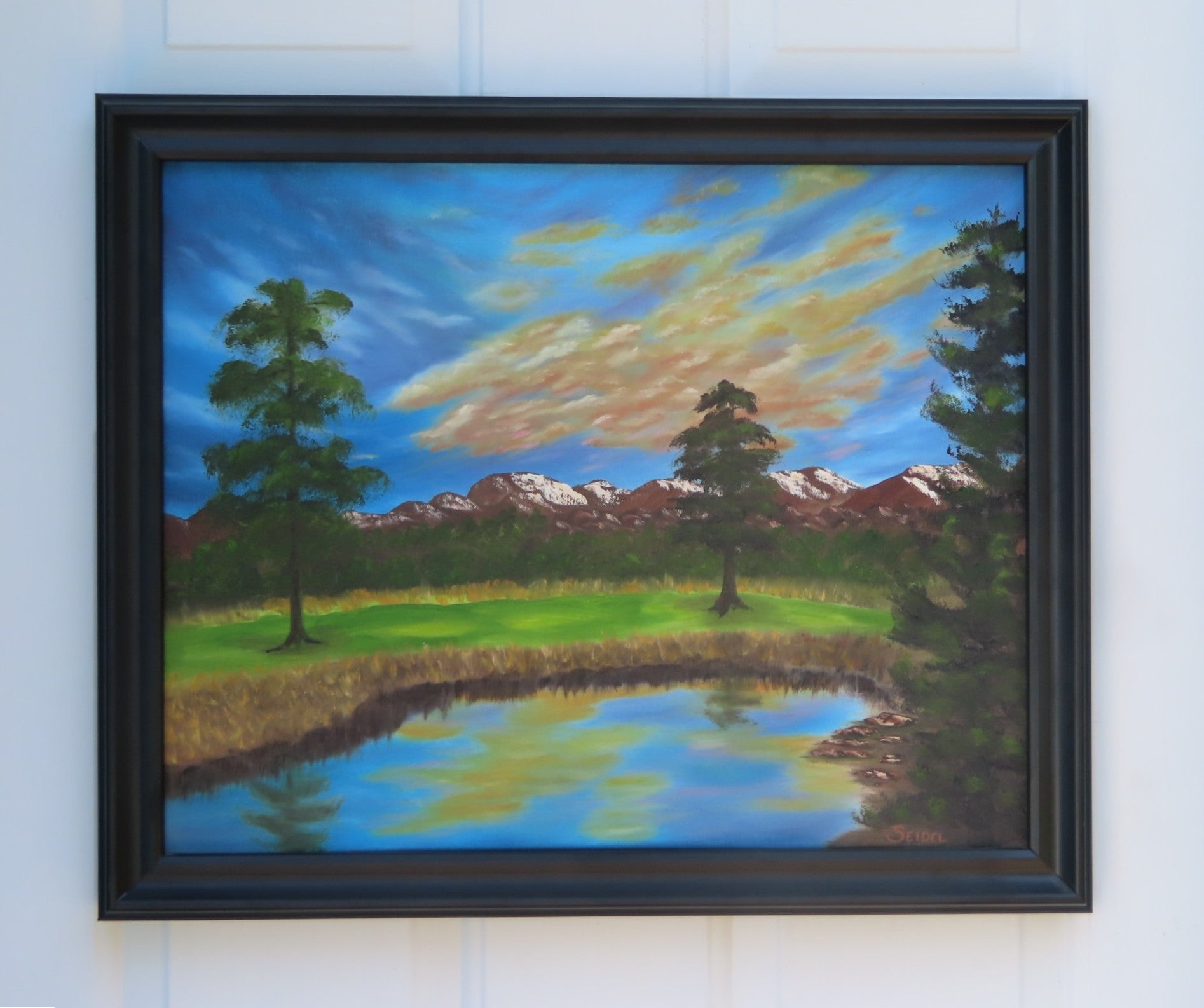 original oil painting of Logan Canyon, UT, beautiful sunset, mountains, pond, framed