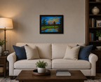 original oil painting of Logan Canyon, UT, beautiful sunset, mountains, pond, framed,displayed over sofa