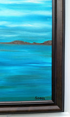 original oil painting of blue sky meeting the blue and teal ocean in the distance, framed in black