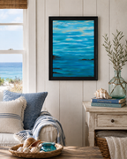 original oil painting of blue sky meeting the blue and teal ocean in the distance, displayed in cottage