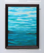 original oil painting of blue sky meeting the blue and teal ocean in the distance, framed in black