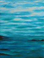 original oil painting of blue sky meeting the blue and teal ocean in the distance