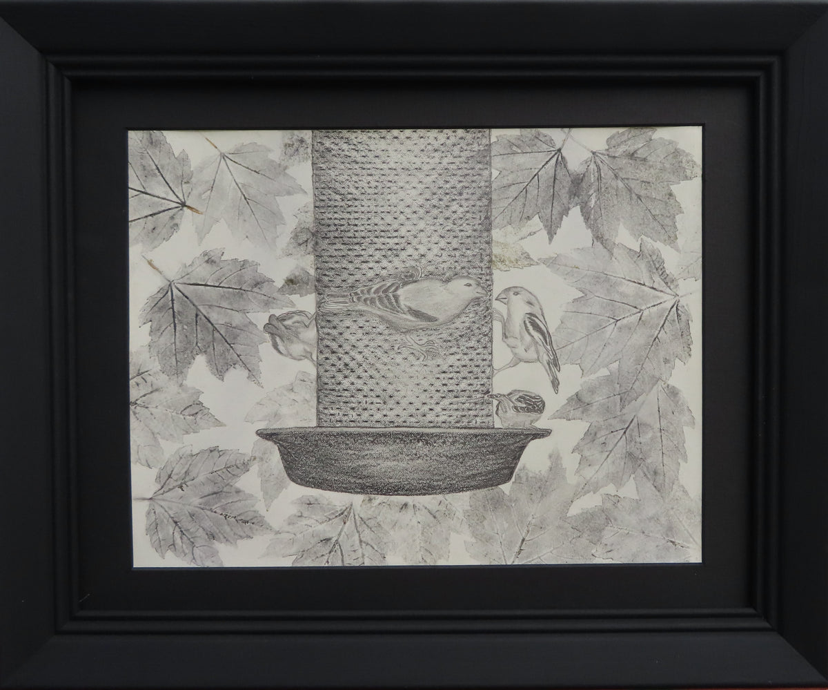 9x12 original graphite and charcoal drawing, black mat and frame, shown on dark background