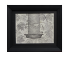 9x12 original graphite and charcoal drawing, black mat and frame, shown on white wall