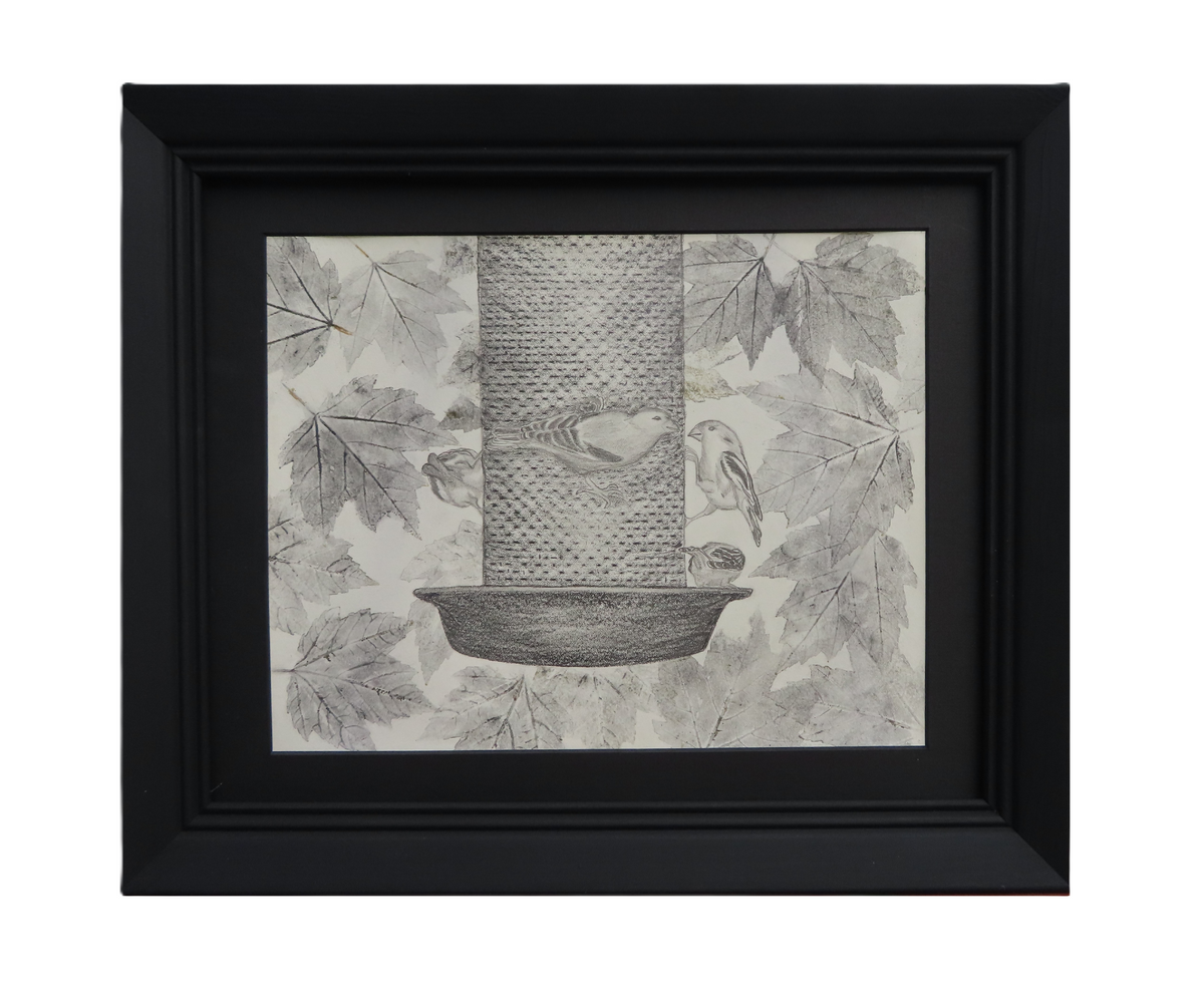 9x12 original graphite and charcoal drawing, black mat and frame, shown on white wall