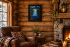 16x20" original oil painting, clouds, waterfalls and pool , cliffs at night, framed and shown in a cabin