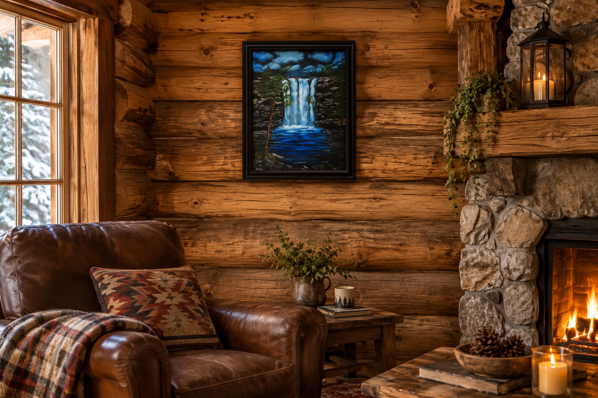 16x20" original oil painting, clouds, waterfalls and pool , cliffs at night, framed and shown in a cabin