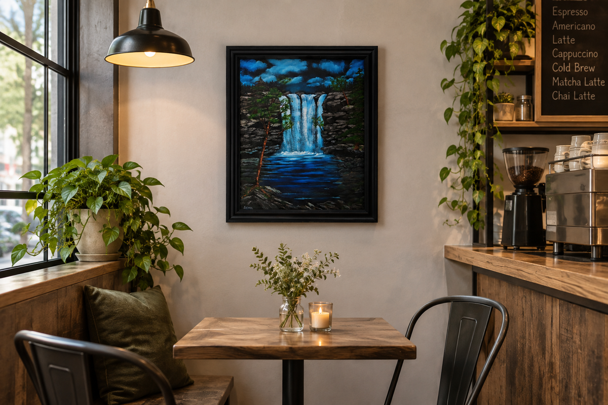 16x20" original oil painting, clouds, waterfalls and pool , cliffs at night, framed and shown in a cafe
