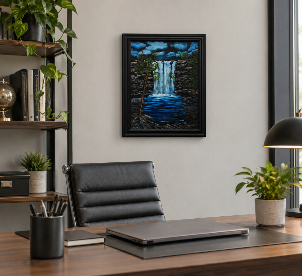 16x20" original oil painting, clouds, waterfalls and pool , cliffs at night, framed and shown in an office