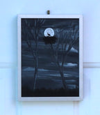 6x8" original acrylic painting, black and white, moon, bird silhouette, brushed aluminum frame