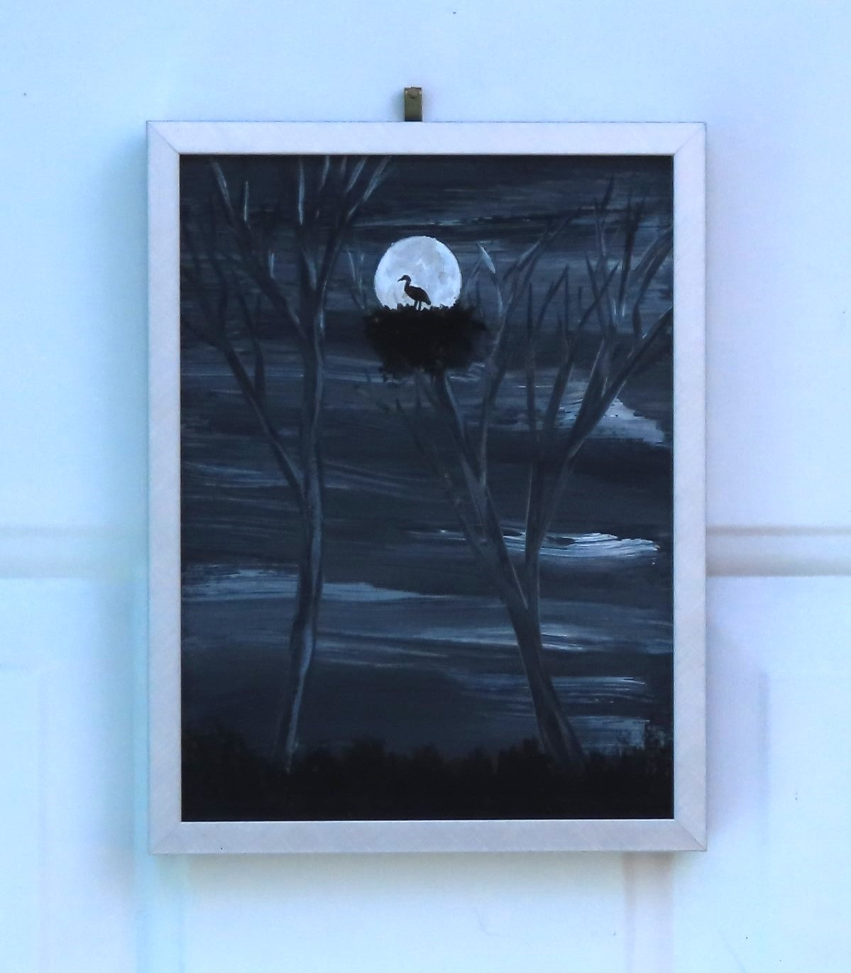 6x8" original acrylic painting, black and white, moon, bird silhouette, brushed aluminum frame