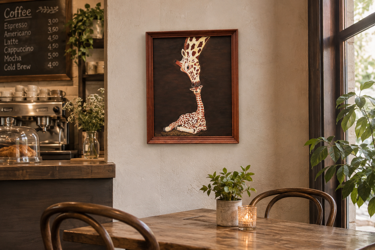 11x14" original oil painting, mother and baby giraffes, shown in a cafe
