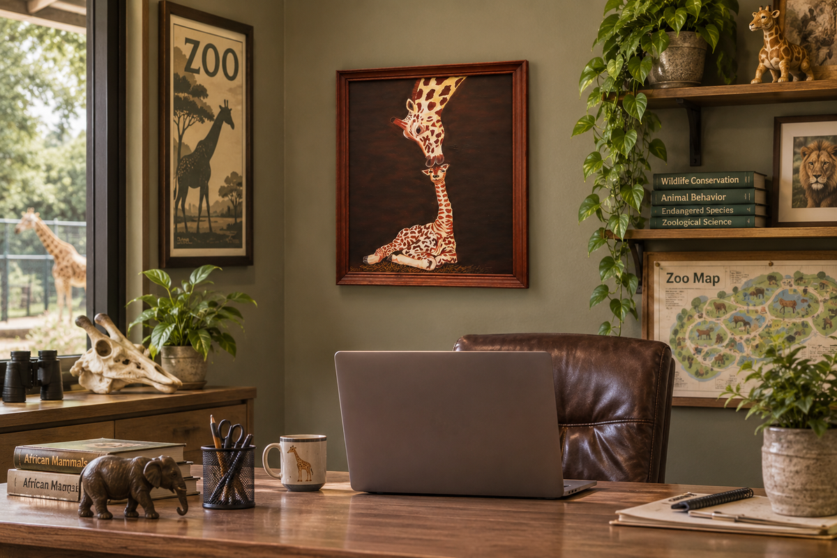 11x14" original oil painting, mother and baby giraffes, shown in a zoo office