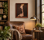 11x14" original oil painting, mother and baby giraffes, framed, shown in a reading nook