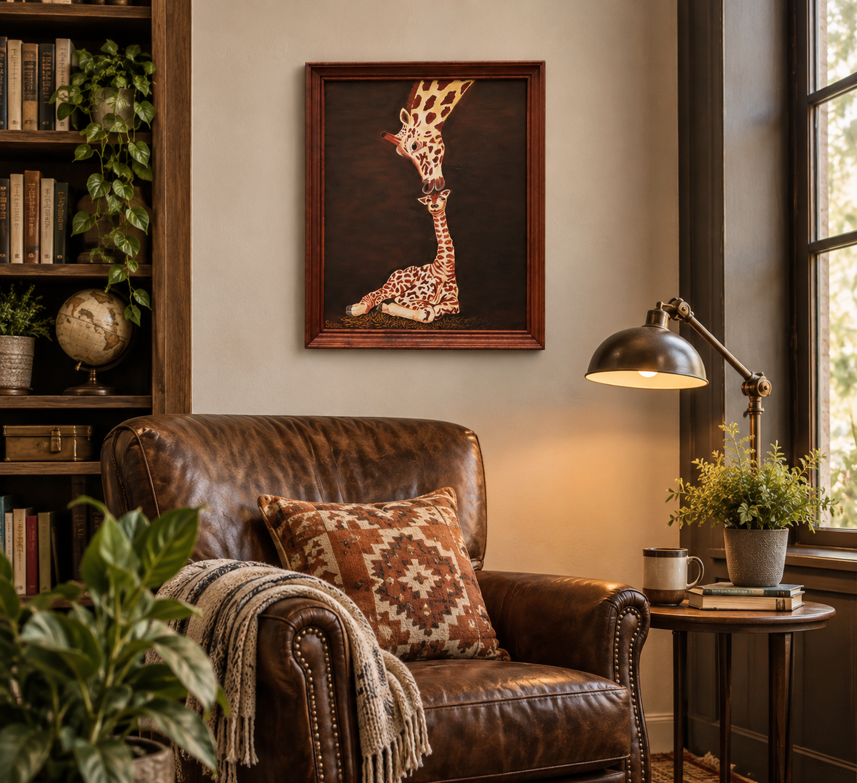 11x14" original oil painting, mother and baby giraffes, framed, shown in a reading nook