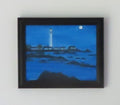 8x10" original acrylic painting, sea, rocks, lighthouse, moon, misty atmosphere, framed