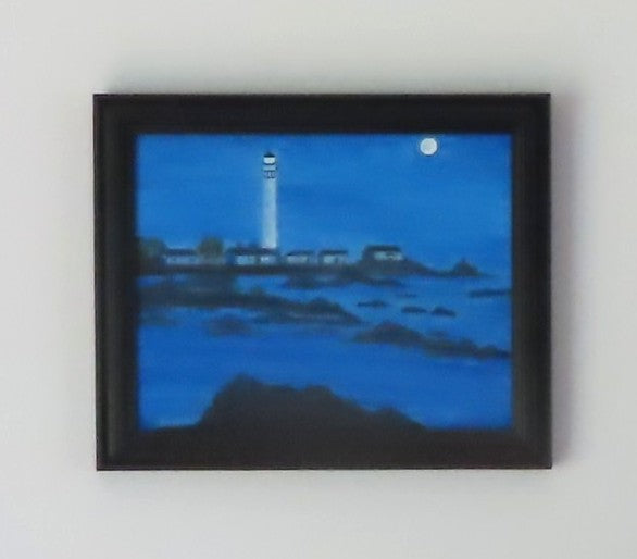 8x10" original acrylic painting, sea, rocks, lighthouse, moon, misty atmosphere, framed
