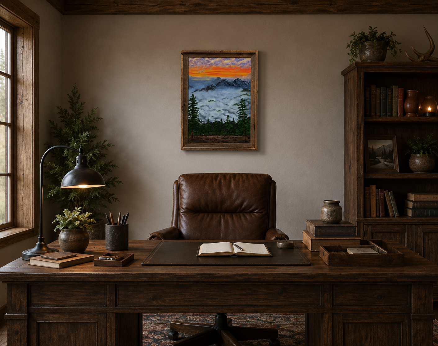 original oil painting 18x24" canvas fiery sunset mountains peek out from the heavy mists, framed, behind desk