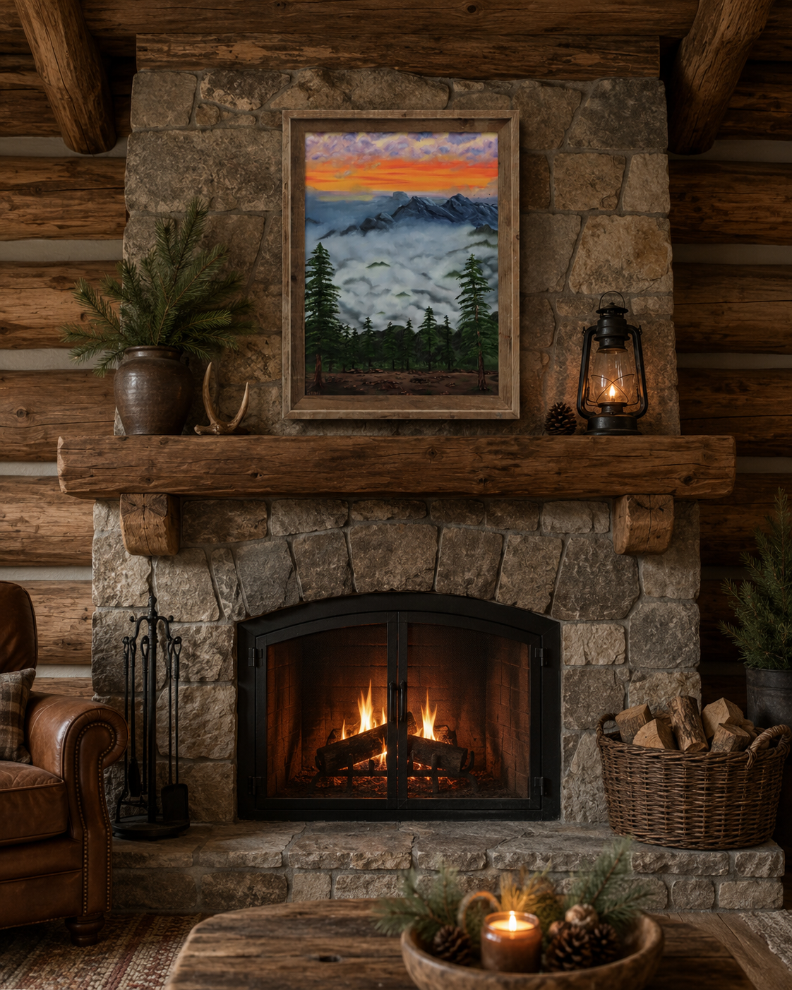 original oil painting 18x24" canvas fiery sunset mountains peek out from the heavy mists, framed, over fireplace