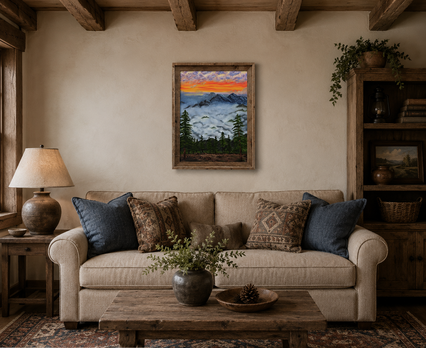 original oil painting 18x24" canvas fiery sunset mountains peek out from the heavy mists, framed, over sofa