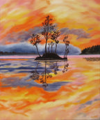 close-up of misty sunrise painting with artist signature