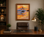 Original oil painting of a colorful pastel sky, the oranges, yellows and pinks contrast with the distant hills rising out of the mist and the dark silhouetted island and trees reflected in calm waters 24" tall by 20" wide framed, behind desk