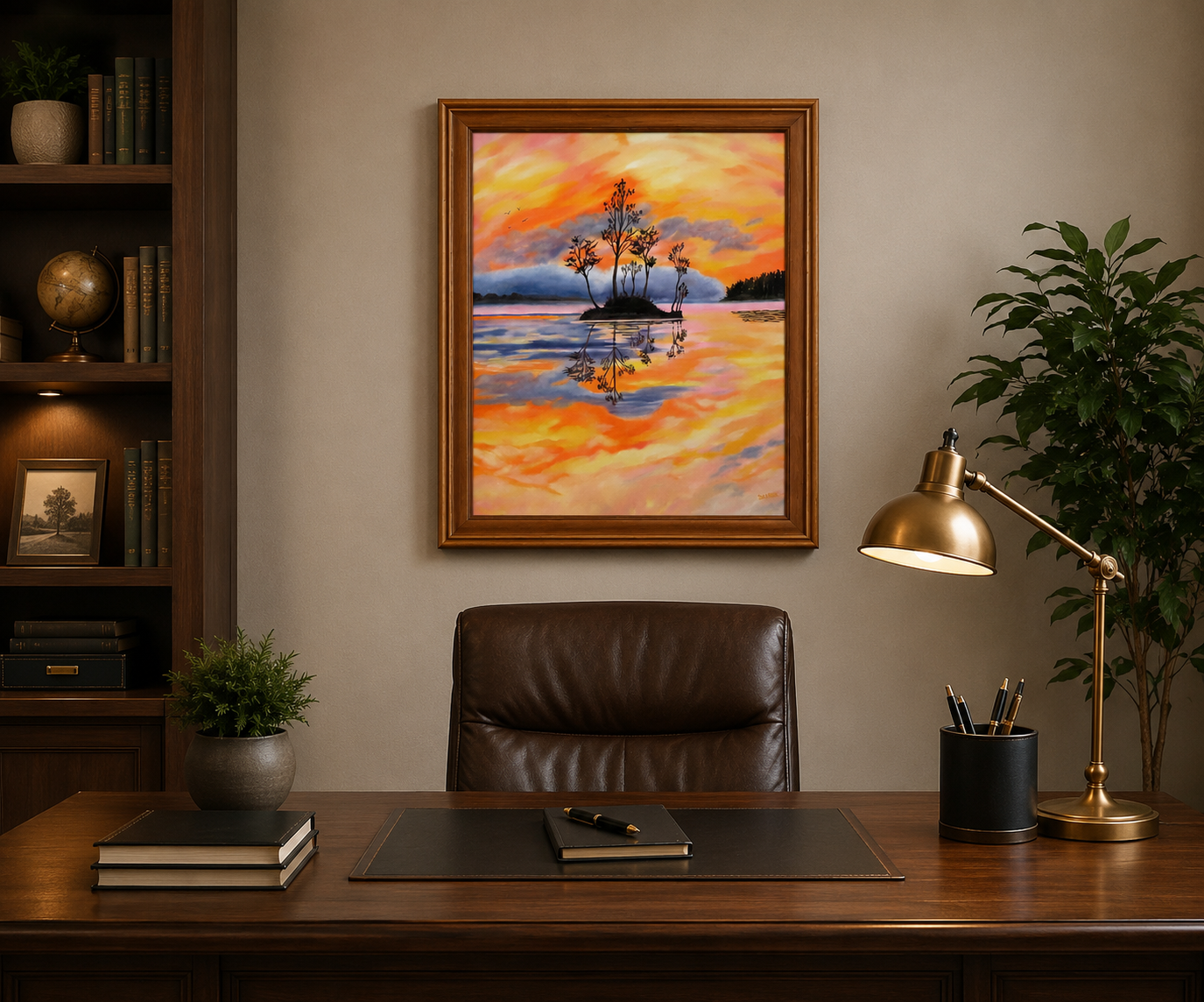 Original oil painting of a colorful pastel sky, the oranges, yellows and pinks contrast with the distant hills rising out of the mist and the dark silhouetted island and trees reflected in calm waters 24" tall by 20" wide framed, behind desk