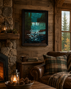original oil painting of waterfalls and mist contrasting with dark woods and rushing river, framed, in rustic cabin